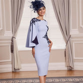 Unique Baby Blue Mother of the Bride Dresses Contrast Color Mothers Dress Tea Length Wedding Guest Gowns Long Sleeve Appliqued